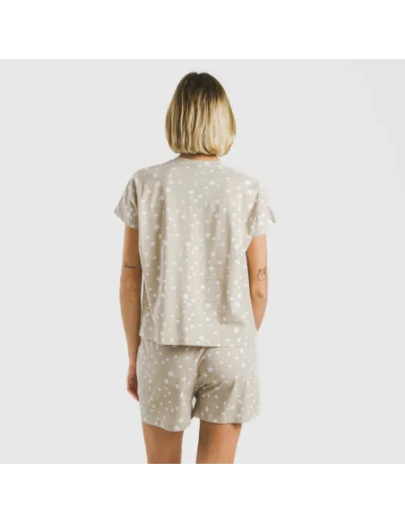 Pijama curto manga fluída algodão mulher Estrellita arena pijamas-curtos-mulher