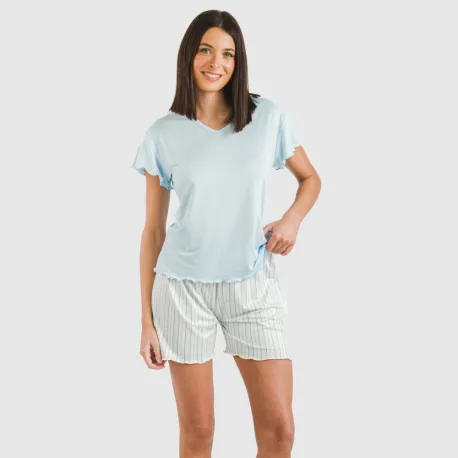 Pijama curto mulher manga fluída soft Raya Bill azul celeste pijamas-curtos-mulher