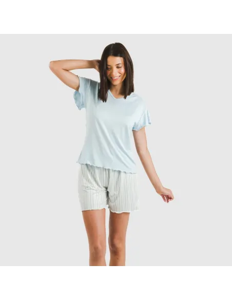 Pijama curto mulher manga fluída soft Raya Bill azul celeste pijamas-curtos-mulher
