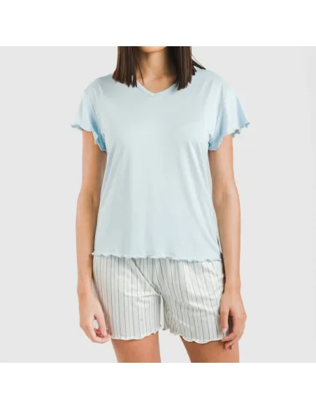 Pijama curto mulher manga fluída soft Raya Bill azul celeste pijamas-curtos-mulher