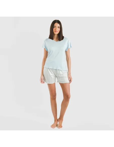 Pijama curto mulher manga fluída soft Raya Bill azul celeste pijamas-curtos-mulher