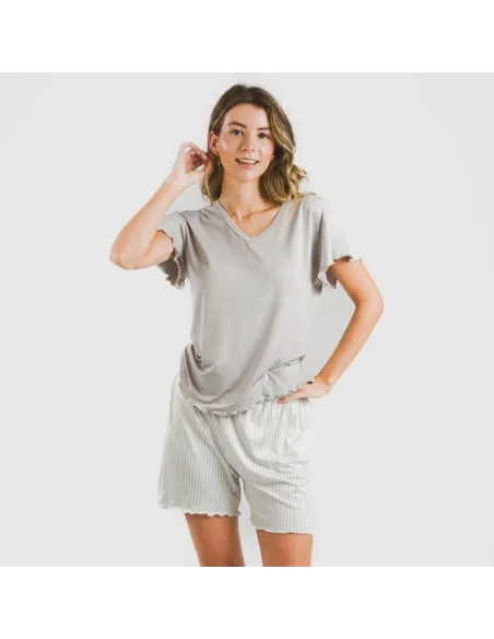 Pijama curto mulher manga fluída soft Raya Kodac cinza pijamas-curtos-mulher