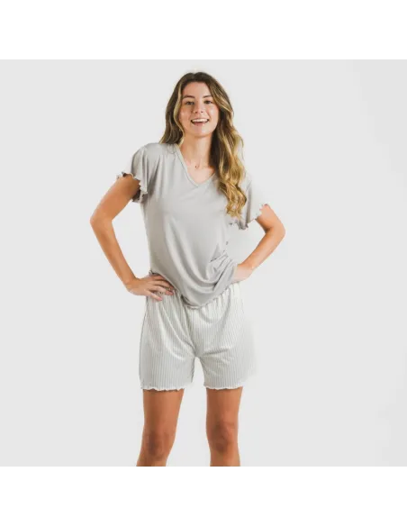 Pijama curto mulher manga fluída soft Raya Kodac cinza pijamas-curtos-mulher