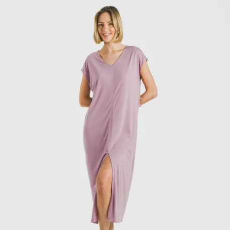 Vestido comprido manga fluída viscosa liso roupa-para-estar-por-casa