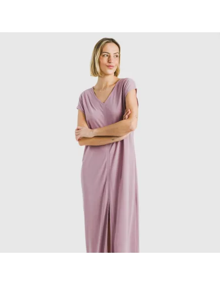 Vestido comprido manga fluída viscosa liso roupa-para-estar-por-casa