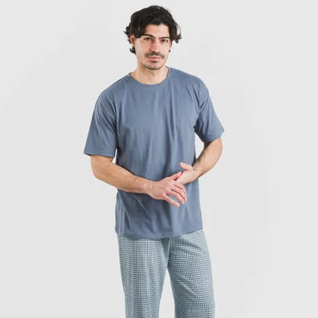 Pijama comprido manga curta algodão homem Cuadro Kike azul pijamas-compridos-homem