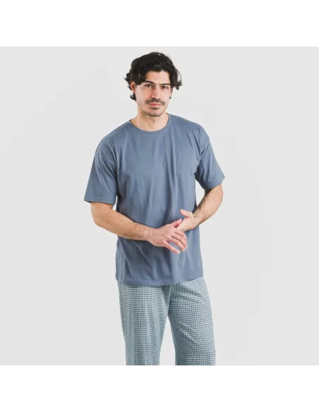 Pijama comprido manga curta algodão homem Cuadro Kike azul pijamas-compridos-homem