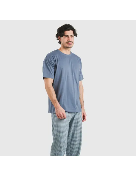 Pijama comprido manga curta algodão homem Cuadro Kike azul pijamas-compridos-homem