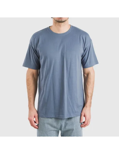 Pijama comprido manga curta algodão homem Cuadro Kike azul pijamas-compridos-homem