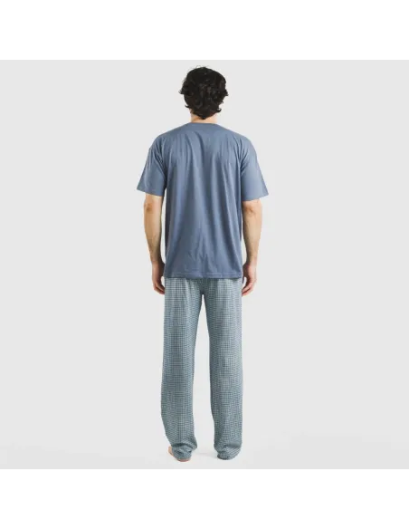 Pijama comprido manga curta algodão homem Cuadro Kike azul pijamas-compridos-homem
