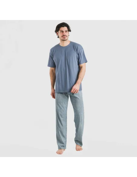 Pijama comprido manga curta algodão homem Cuadro Kike azul pijamas-compridos-homem