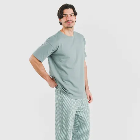 Pijama comprido manga curta algodão homem Sassy verde azulado pijamas-compridos-homem