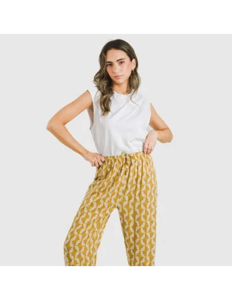 Calças viscosa Calsita mostarda pantalones-comodos-mujer