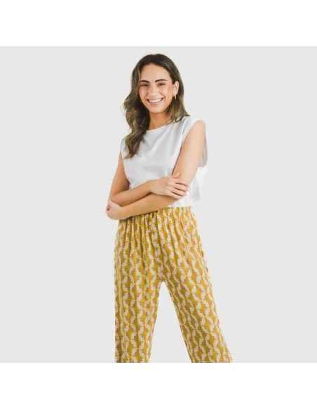 Calças viscosa Calsita mostarda pantalones-comodos-mujer