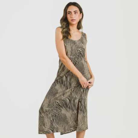 Vestido comprido alças viscosa Drus bege - preto vestidos-mulher