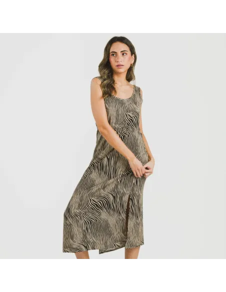 Vestido comprido alças viscosa Drus bege - preto vestidos-mulher