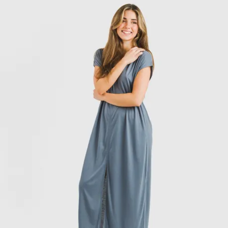 Vestido comprido manga fluída viscosa liso roupa-para-estar-por-casa