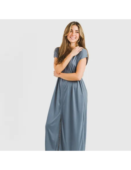 Vestido comprido manga fluída viscosa liso roupa-para-estar-por-casa