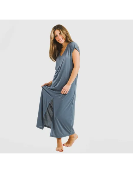 Vestido comprido manga fluída viscosa liso roupa-para-estar-por-casa