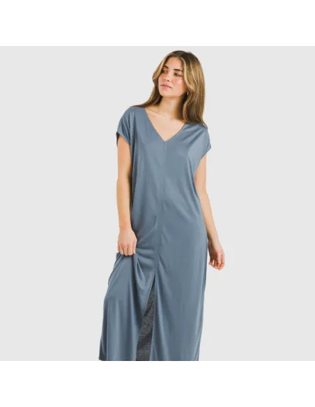 Vestido comprido manga fluída viscosa liso roupa-para-estar-por-casa