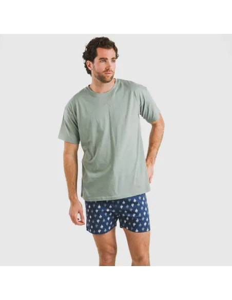 Pijama curto algodão homem Hawat cinza verdoso pijamas-curtos-homem