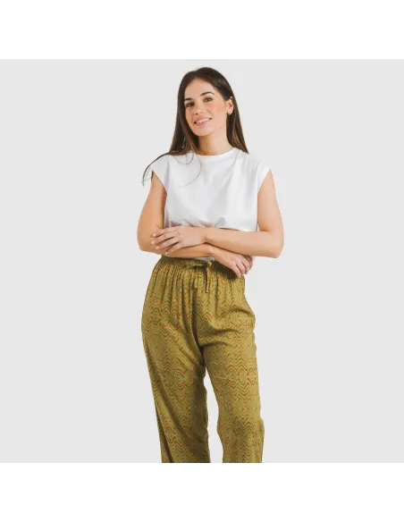 Calças viscosa Silda verde caça pantalones-comodos-mujer