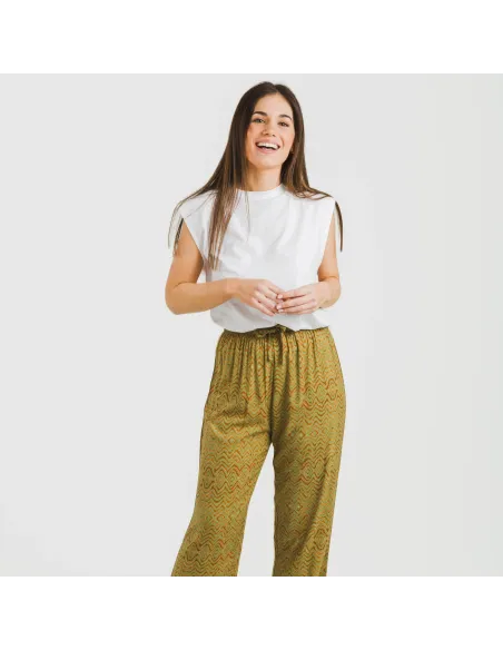 Calças viscosa Silda verde caça pantalones-comodos-mujer