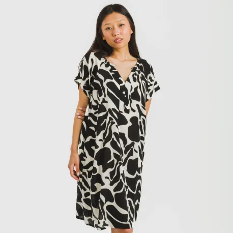 Vestido curto manga fluida viscosa bambula Teudis bege - preto vestidos-mulher
