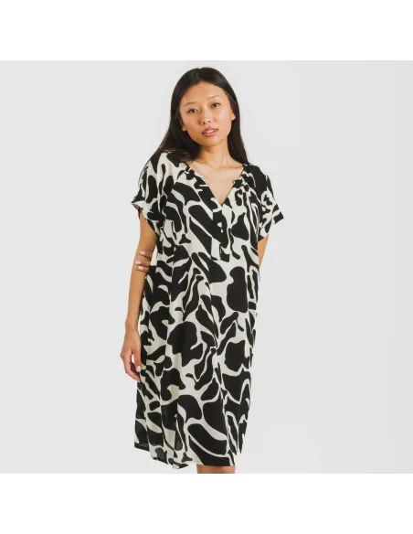 Vestido curto manga fluida viscosa bambula Teudis bege - preto vestidos-mulher