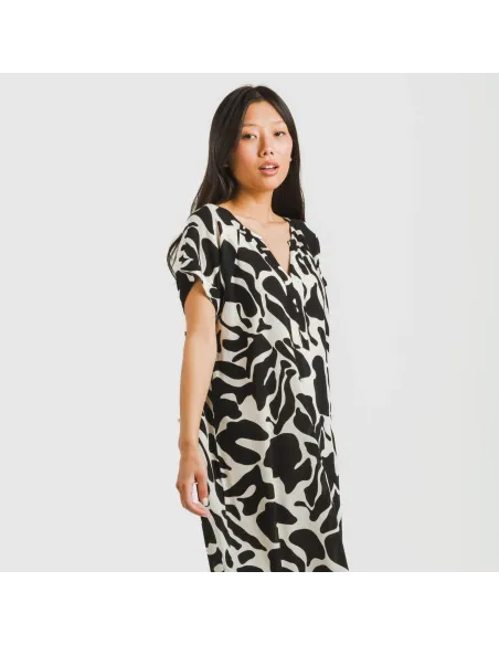 Vestido curto manga fluida viscosa bambula Teudis bege - preto vestidos-mulher
