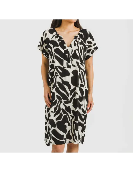 Vestido curto manga fluida viscosa bambula Teudis bege - preto vestidos-mulher