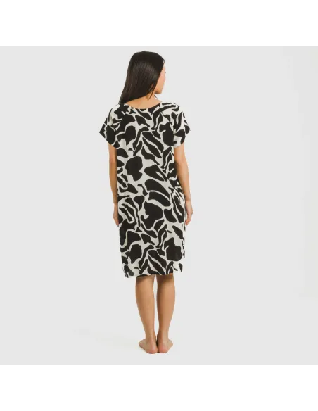 Vestido curto manga fluida viscosa bambula Teudis bege - preto vestidos-mulher