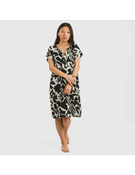 Vestido curto manga fluida viscosa bambula Teudis bege - preto vestidos-mulher