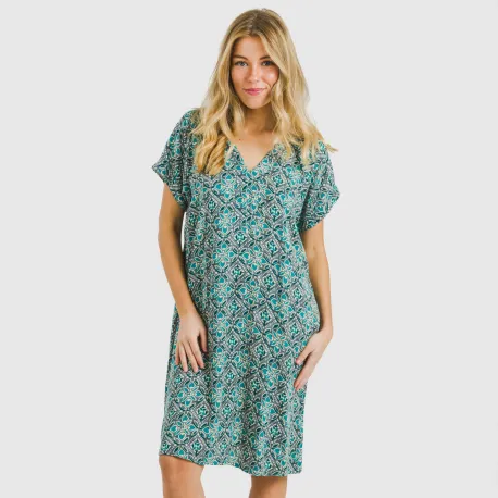 Vestido curto manga fluida viscosa bambula Malura água marinha vestidos-mulher