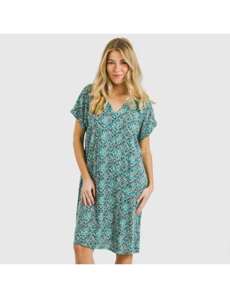 Vestido curto manga fluida viscosa bambula Malura água marinha vestidos-mulher