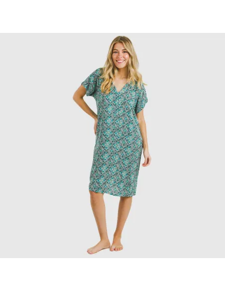 Vestido curto manga fluida viscosa bambula Malura água marinha vestidos-mulher