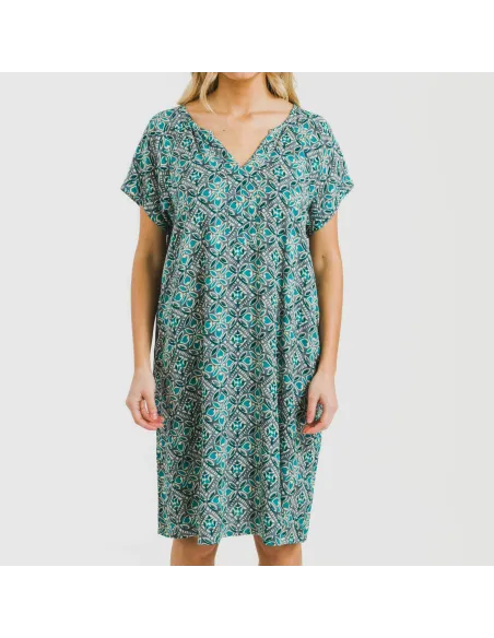 Vestido curto manga fluida viscosa bambula Malura água marinha vestidos-mulher