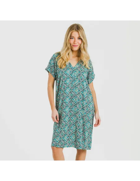 Vestido curto manga fluida viscosa bambula Malura água marinha vestidos-mulher