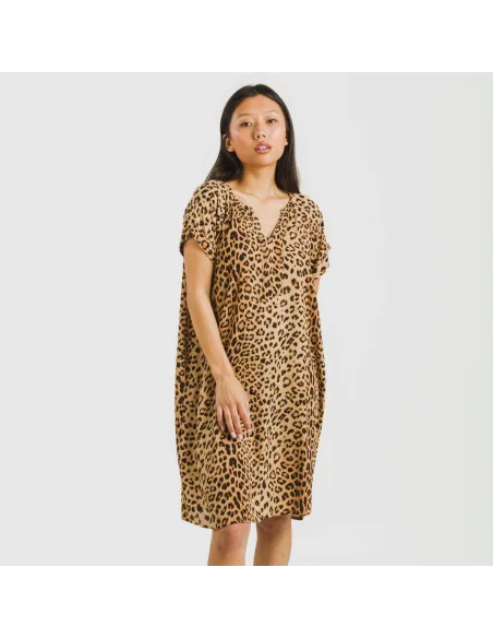 Vestido curto manga fluida viscosa bambula Leo vestidos-mulher
