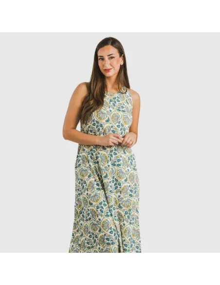 Vestido comprido alças crepe Venus água marinha vestidos-mulher
