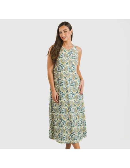 Vestido comprido alças crepe Venus água marinha vestidos-mulher