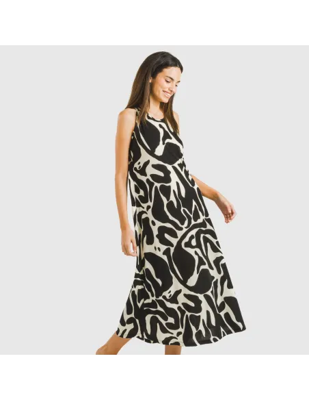 Vestido comprido alças crepe Tendis bege - preto vestidos-mulher