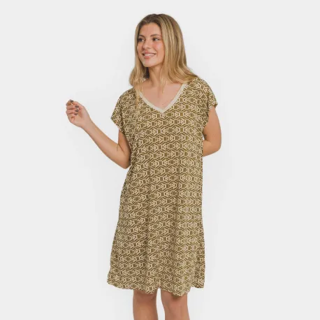 Vestido curto manga fluida crepe Virginia verde caça vestidos-mulher