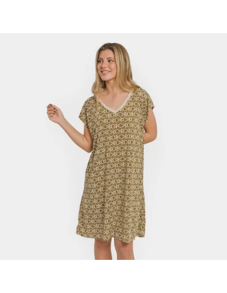 Vestido curto manga fluida crepe Virginia verde caça vestidos-mulher