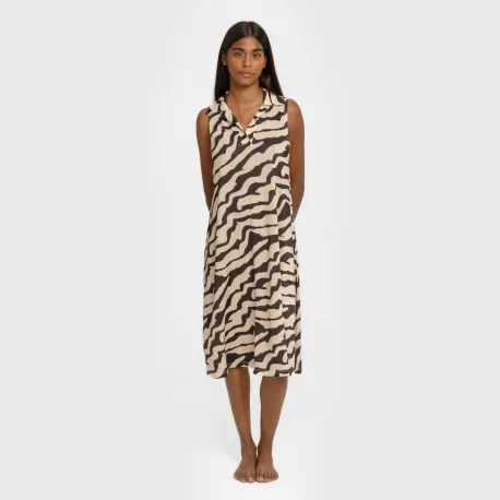 Vestido curto com gola e lapela soft Suiza bege - preto vestidos-mulher