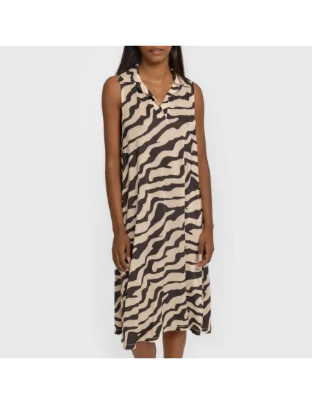 Vestido curto com gola e lapela soft Suiza bege - preto vestidos-mulher