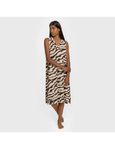 Vestido curto com gola e lapela soft Suiza bege - preto vestidos-mulher