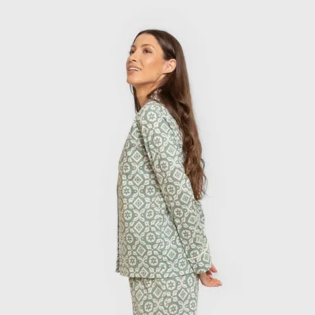 Pijama comprido camisa algodão mulher Eugenia verde keike pijamas-compridos-de-mulher