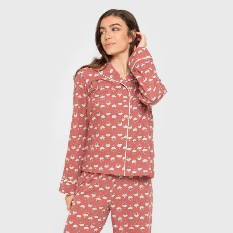 Pijama comprido camisa algodão mulher Calendula marsala pijamas-compridos-de-mulher