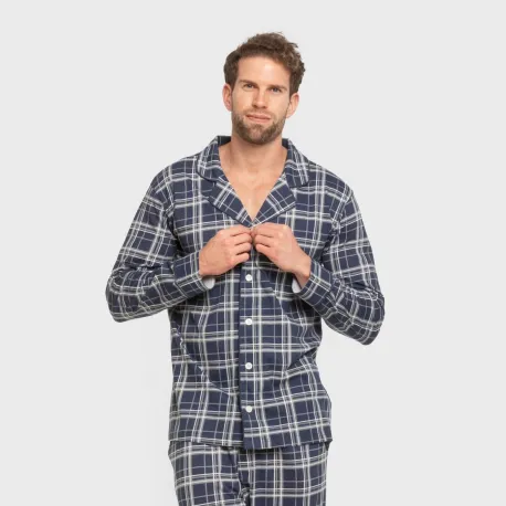Pijama comprido camisa algodão homem Cuadro Brais azul pijamas-compridos-homem